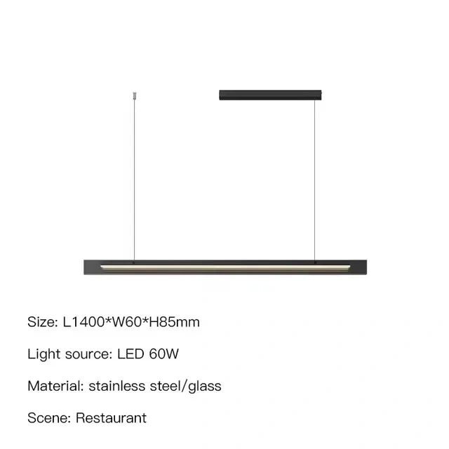 Minimalist LED linear pendant lamp hanging over a wooden dining table
