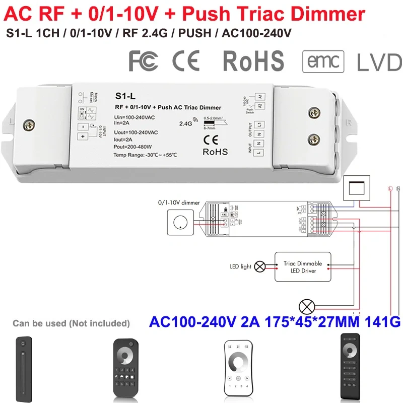 V1-S Triac Dimmer 12V 24V 36V 48V DC Constant Voltage AC40V-220V Push Dimming for S1-B KS RF LED Strip Light CV Triac LED Dimmer