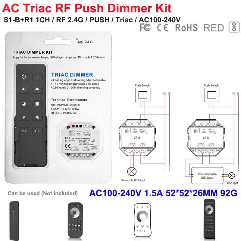 V1-S Triac Dimmer 12V 24V 36V 48V DC Constant Voltage AC40V-220V Push Dimming for S1-B KS RF LED Strip Light CV Triac LED Dimmer