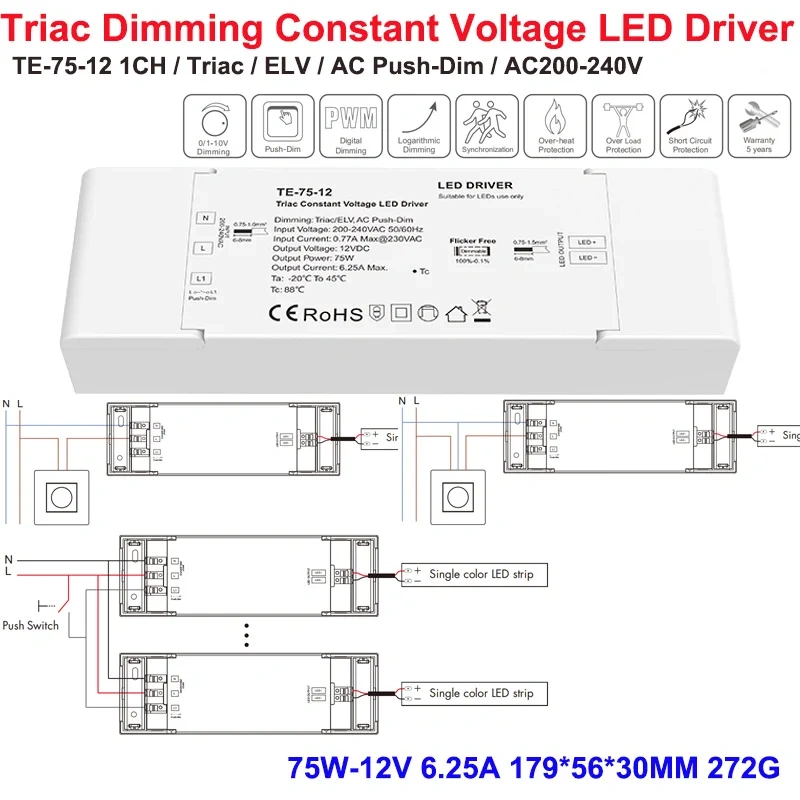 DC12/24V Triac Constant Voltage 150W Dimming LED Driver Push Switch TF-150-12/24 Phase-cutting Dimmer Dimmable Slim Power Supply