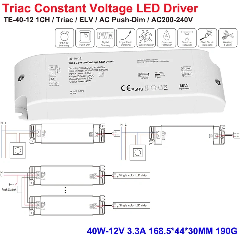 DC12/24V Triac Constant Voltage 150W Dimming LED Driver Push Switch TF-150-12/24 Phase-cutting Dimmer Dimmable Slim Power Supply