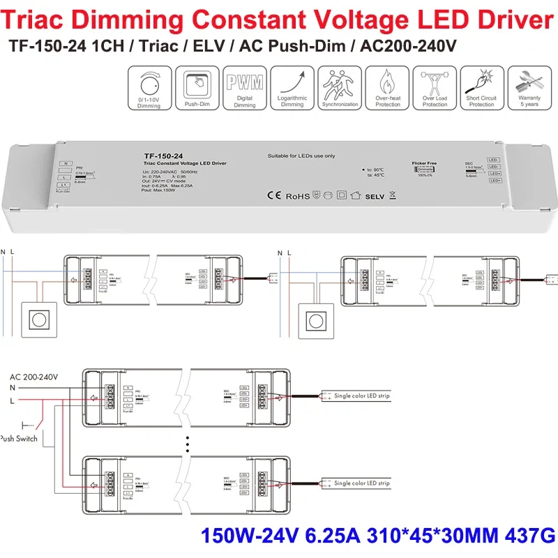 DC12/24V Triac Constant Voltage 150W Dimming LED Driver Push Switch TF-150-12/24 Phase-cutting Dimmer Dimmable Slim Power Supply