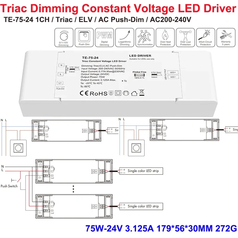DC12/24V Triac Constant Voltage 150W Dimming LED Driver Push Switch TF-150-12/24 Phase-cutting Dimmer Dimmable Slim Power Supply