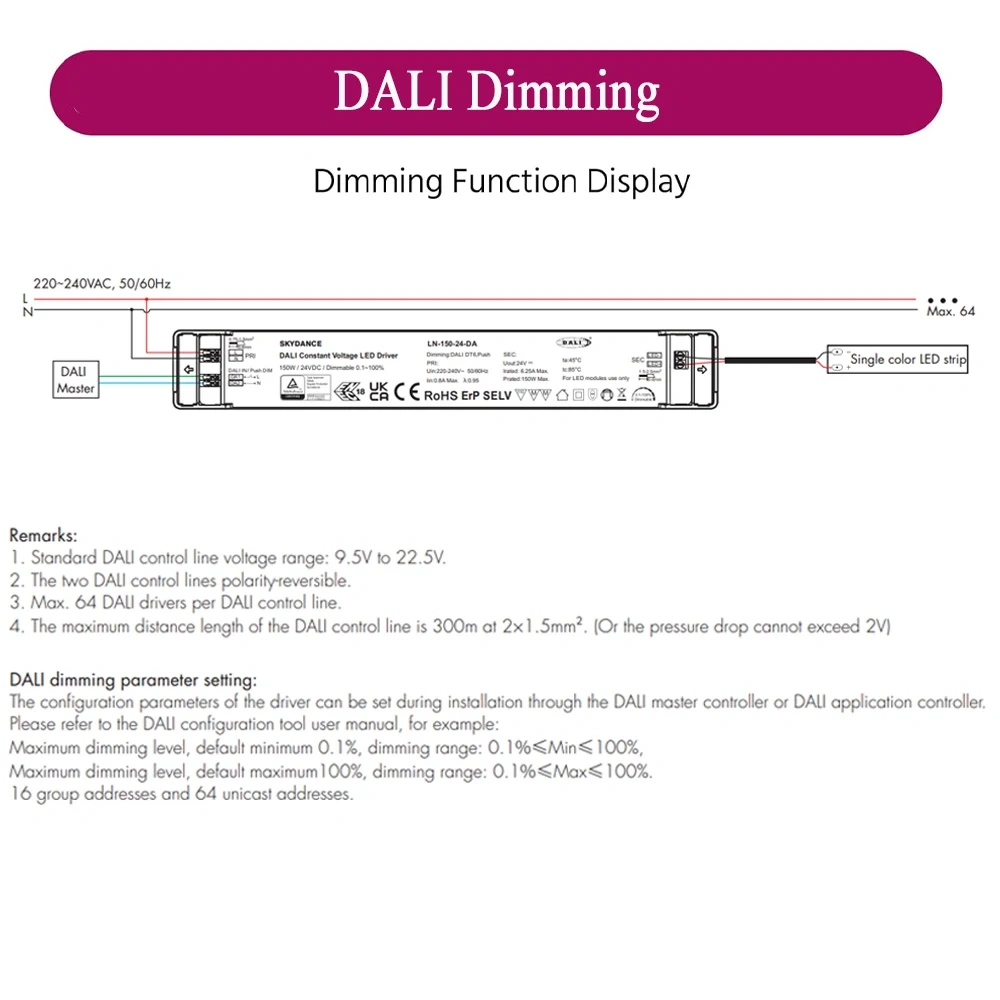 150W DALI Dimmable LED Driver Push Switch Dimming 24V DALI2 Dimmable Power Supply DT6 Dimming AC to DC Transformer for LED Light