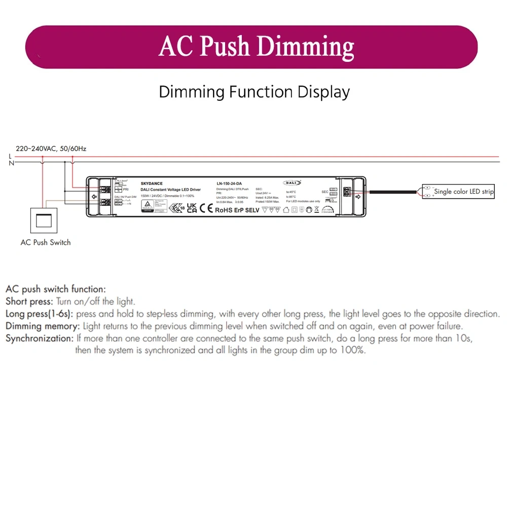 150W DALI Dimmable LED Driver Push Switch Dimming 24V DALI2 Dimmable Power Supply DT6 Dimming AC to DC Transformer for LED Light