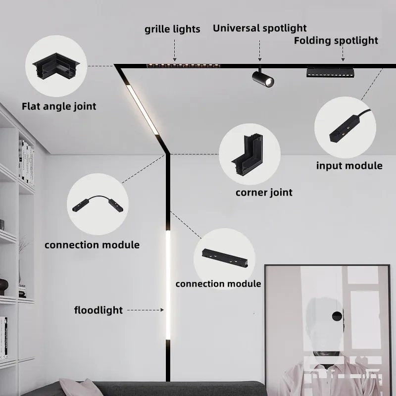 LED magnetic track light grille floodlight modern embedded black/white lamp LED tube light DC48V magnetic suction series