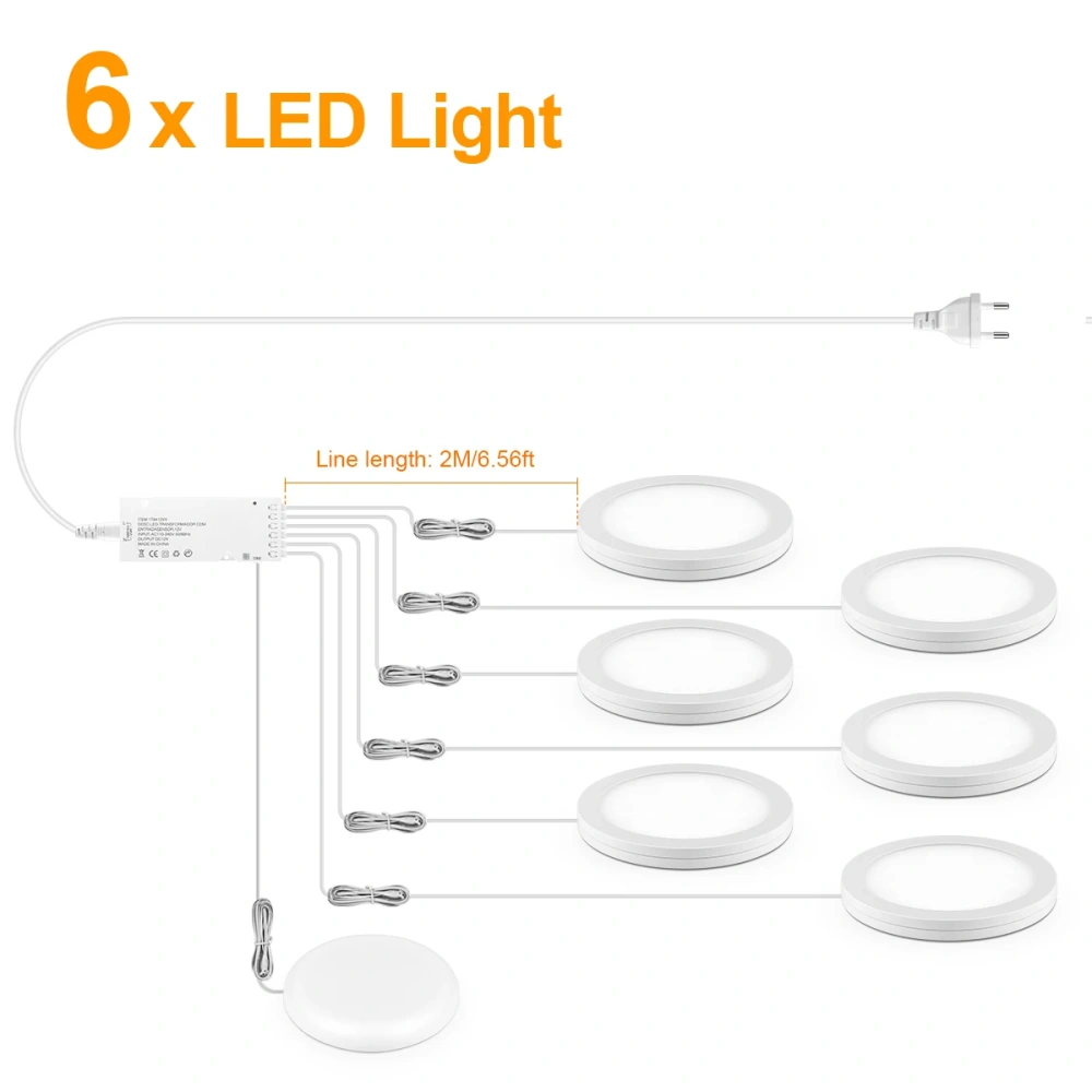 1-6PCS Ultra-Thin Touch Dimmable LED Puck Lights for Kitchen under Cabinet Closet Display Shelf Pantry Stick-on Ceiling Lamp 12V