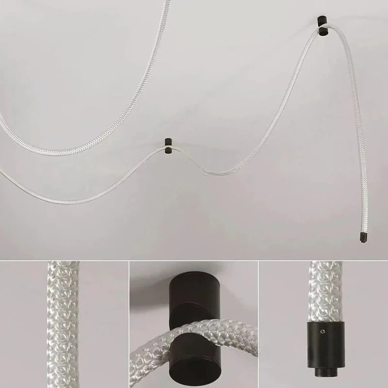 Braided LED rope light with black mounting clips and end-cap details