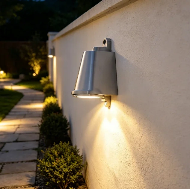 Aluminum-colored outdoor wall light illuminating a garden boundary wall