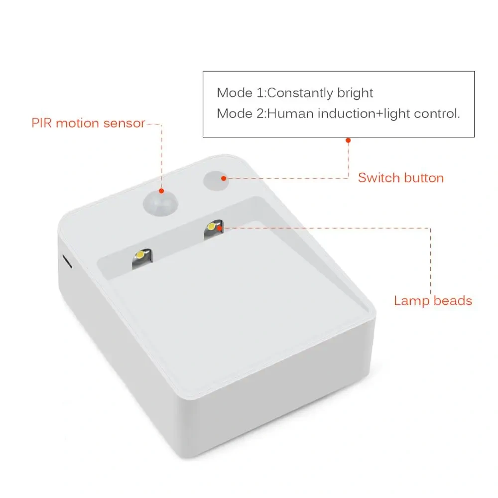 LED night light with labelled PIR sensor, control button and LEDs