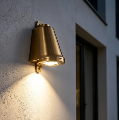 Copper-colored industrial outdoor wall light casting light down an exterior wall