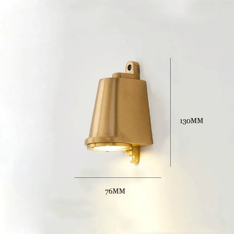 Copper-colored industrial wall light shown with dimension labels