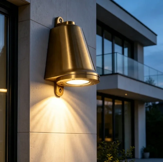 Retro outdoor wall light in a copper-colored finish beside a building entrance