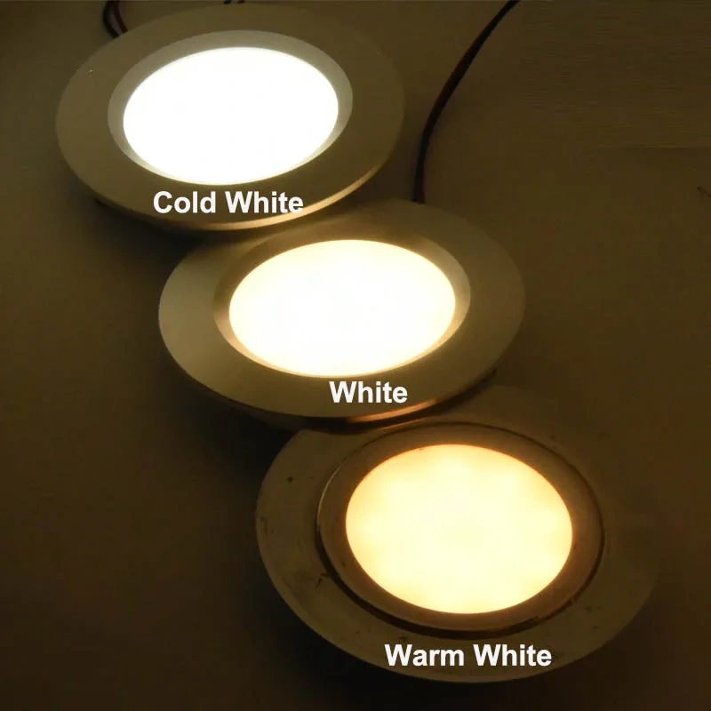 Mini LED downlights comparing cool white, neutral white and warm white light