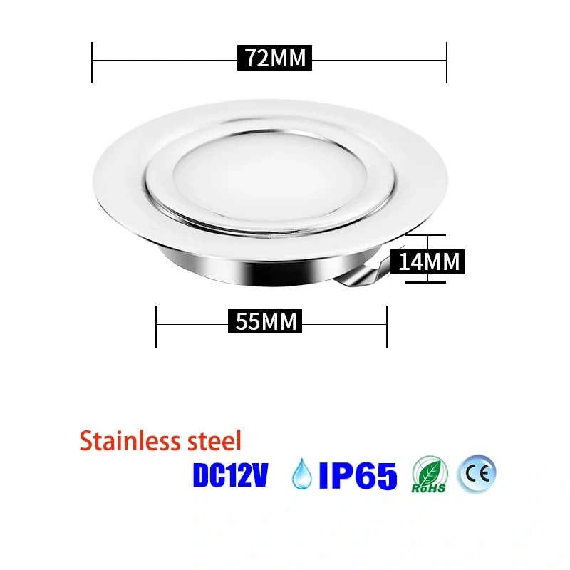 Ultra-thin LED downlight showing 72mm diameter, 14mm height and 55mm cutout