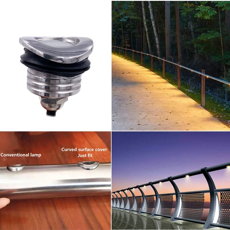 Curved LED handrail light shown with outdoor walkway and railing applications