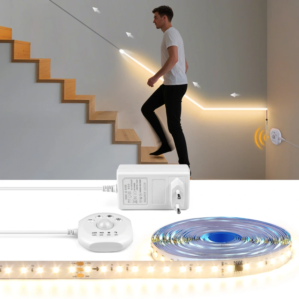 PIR motion sensor LED strip kit shown with warm white staircase lighting