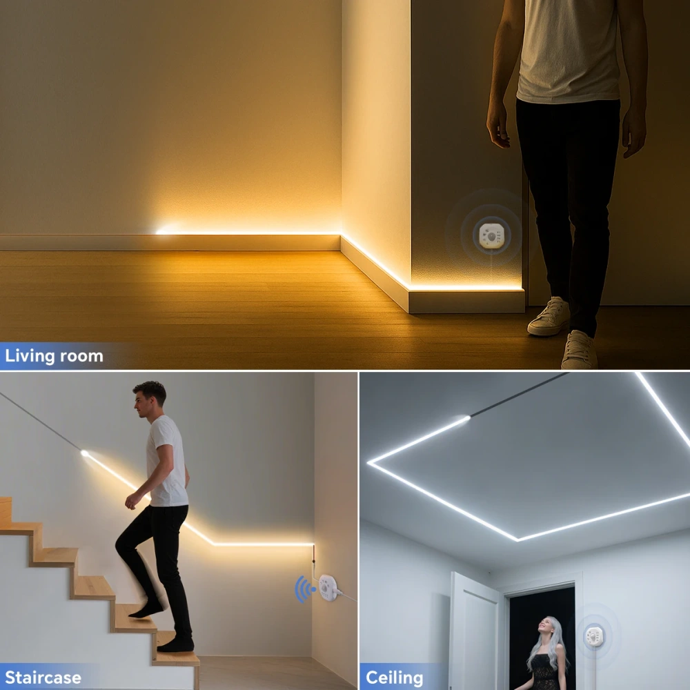 Motion-activated LED strip applications for living rooms, stairways and ceilings