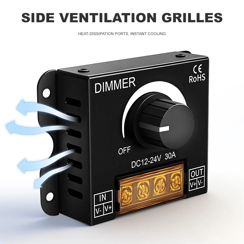 Input and output terminals on a rotary knob LED strip dimmer