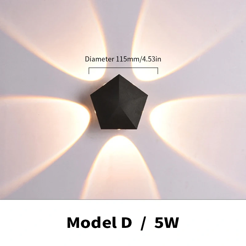Model D 5W pentagonal LED wall light with a five-direction lighting pattern