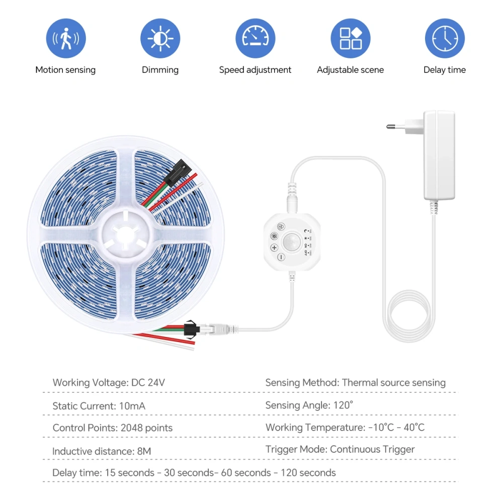 WS2811 LED strip kit with a PIR controller and EU-plug power adapter