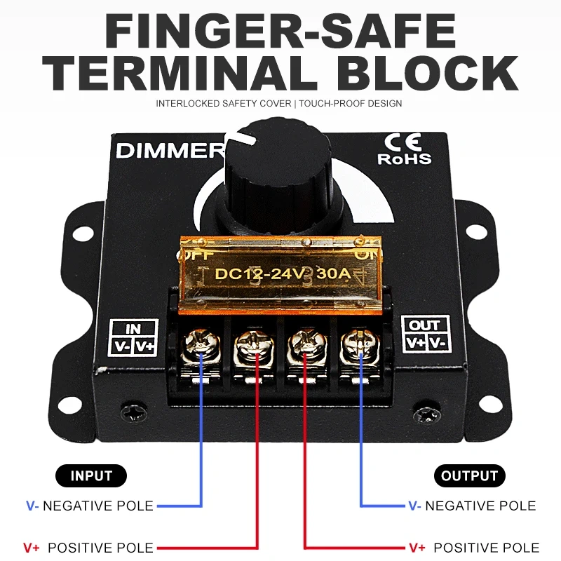 Wiring diagram for a DC LED dimmer connected to a power supply and single-color strip