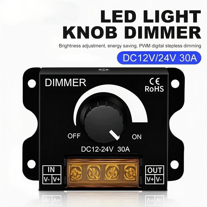 DC12V–24V PWM LED dimmer with rotary brightness knob and labeled input and output terminals