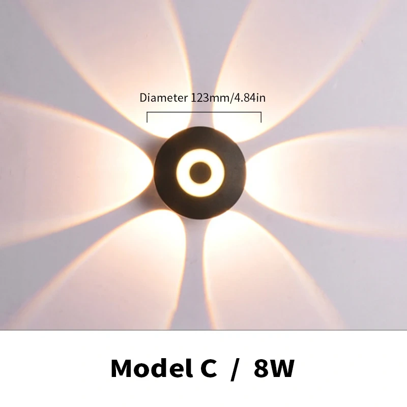 Model C 8W LED wall light with an illuminated ring and surrounding beams