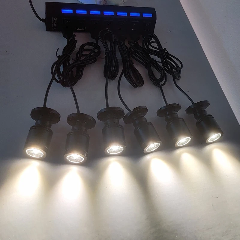Warm white mini LED spotlights illuminating a display cabinet