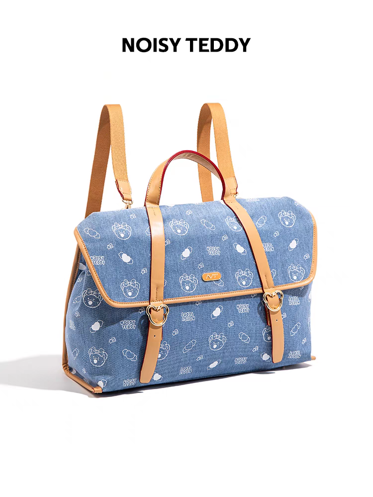 NOISY TEDDY 25th Anniversary New Design Cute Printed Canvas Denim Dual-Shoulder Backpack Fashion Trend Handbag Versatile for All Occasions