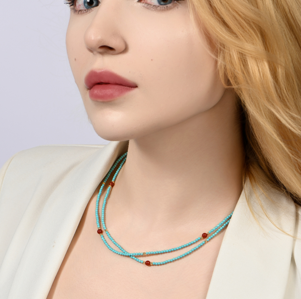 2MM绿松石红玛瑙双层项链