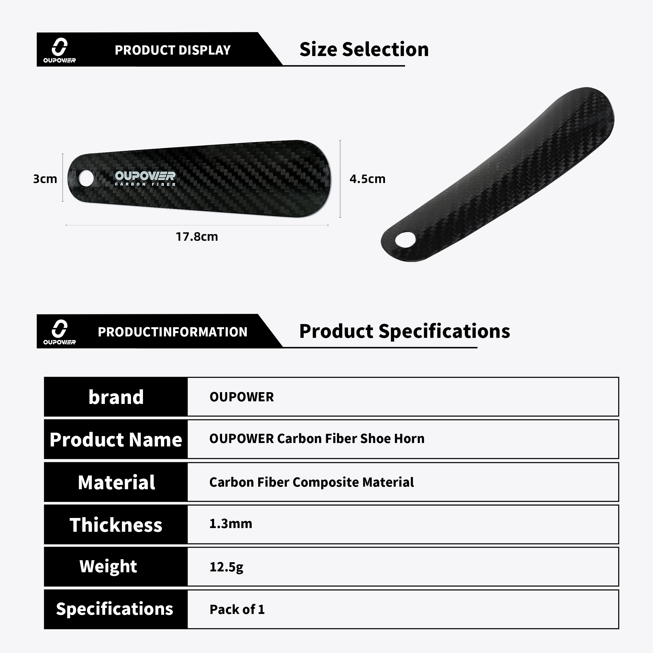 OUPOWER Carbon Fiber Shoehorn-For Adults & Kids