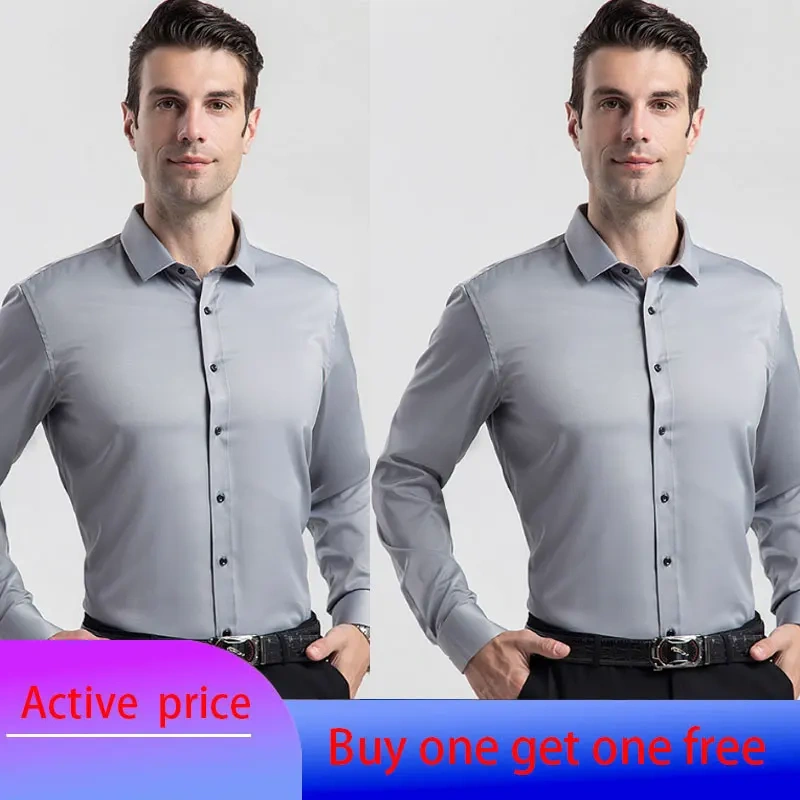 6XL  8XL 44-125KG White Men Shirt Dress Long Sleeve Oversize - Wrinkle Free Business Casual Solid Color Large Size Luxury