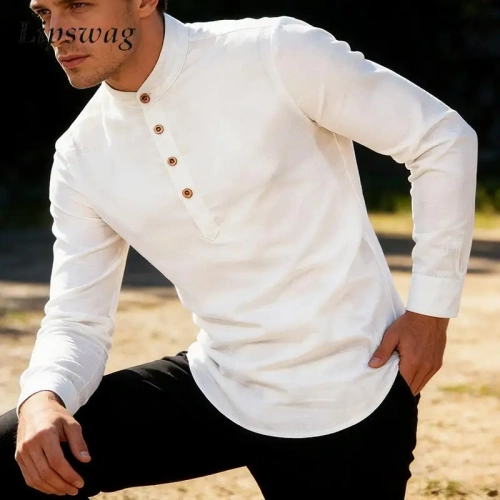 Classic Mens Shirt Tops Solid Color Buttoned Stand Collar Long Sleeve Polo Shirts Spring Men Vintage Slim Pullover Top Plus Size