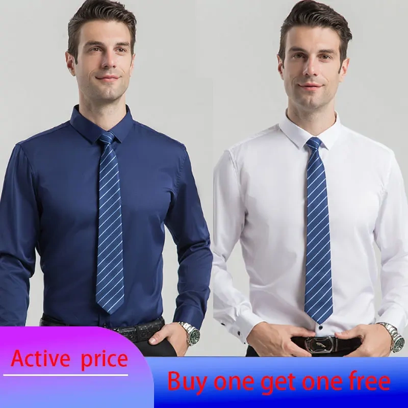 6XL  8XL 44-125KG White Men Shirt Dress Long Sleeve Oversize - Wrinkle Free Business Casual Solid Color Large Size Luxury