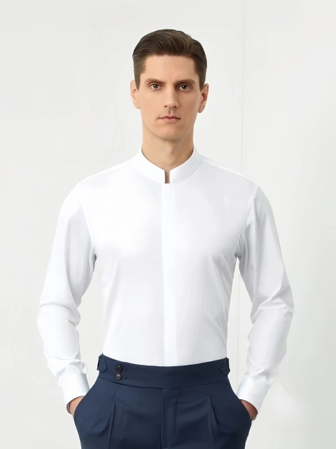 NEWMI Men's Mandarin Collar Dress Shirt 100% Cotton Lutai 100S Two-Ply DP Non-Iron Wrinkle Free Business Casual Formal Long Slee