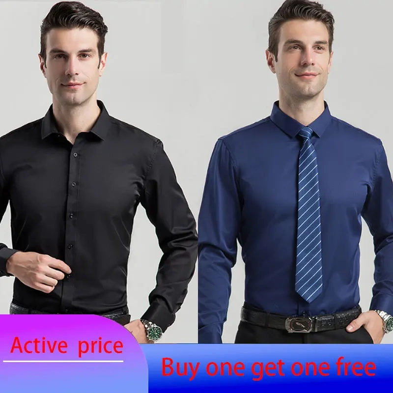 6XL  8XL 44-125KG White Men Shirt Dress Long Sleeve Oversize - Wrinkle Free Business Casual Solid Color Large Size Luxury