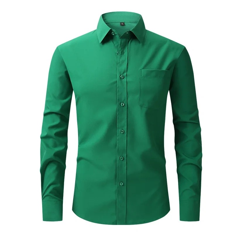 Solid Color Men's Long-sleeved Shirt, Single-breasted Square Collar Small Elastic Shirts, Suitable for Wedding/Business/Office