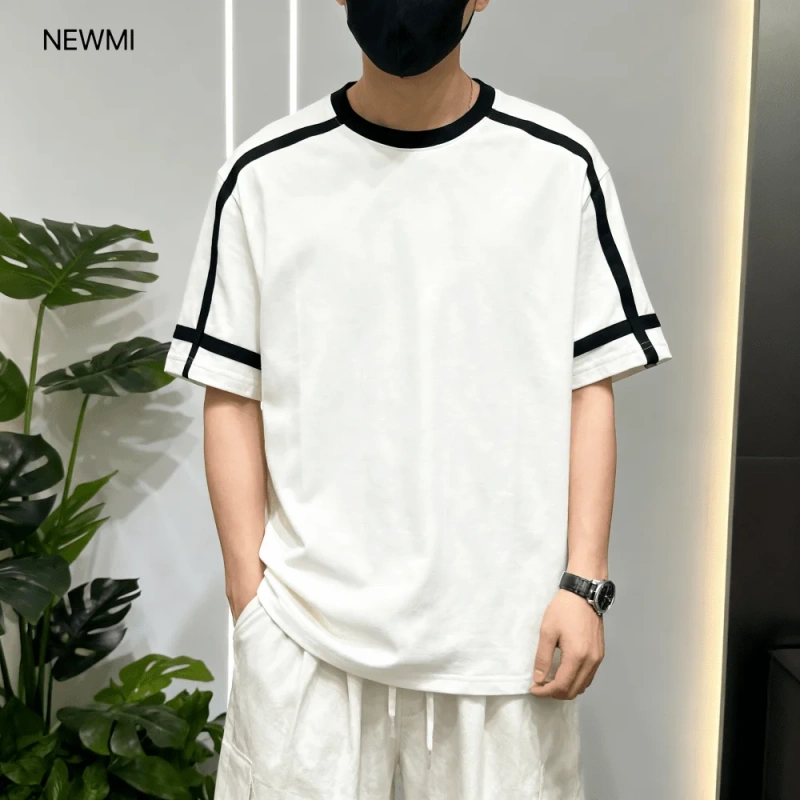 NEWMI Men's Contrast Stripe Ringer T-Shirt | Retro Varsity Crew Neck Tee | Loose Casual Short Sleeve Top | Summer Streetwear (Mu