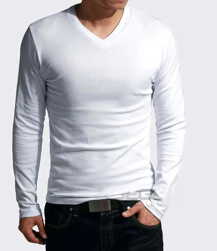 2026 Elastic Mens T-Shirt V-Neck Long Sleeve Men T Shirt for Male T-Shirts Man Clothing TShirt Brand Tops Tees