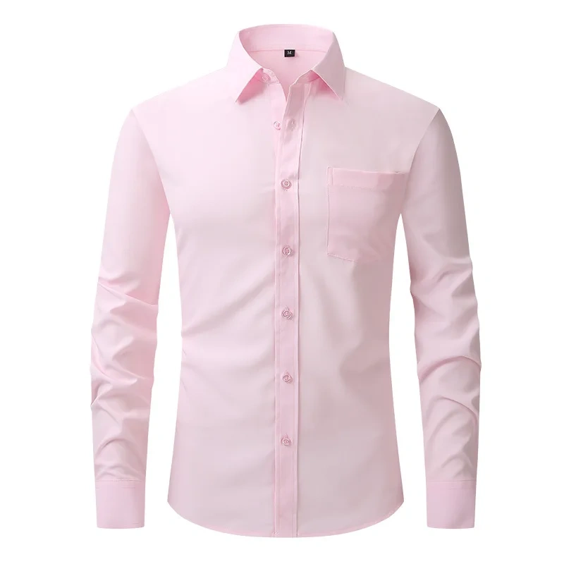 Solid Color Men's Long-sleeved Shirt, Single-breasted Square Collar Small Elastic Shirts, Suitable for Wedding/Business/Office