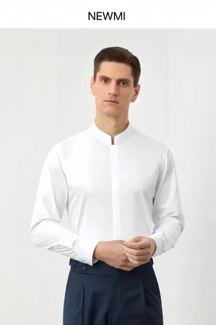NEWMI Men's Mandarin Collar Dress Shirt 100% Cotton Lutai 100S Two-Ply DP Non-Iron Wrinkle Free Business Casual Formal Long Slee