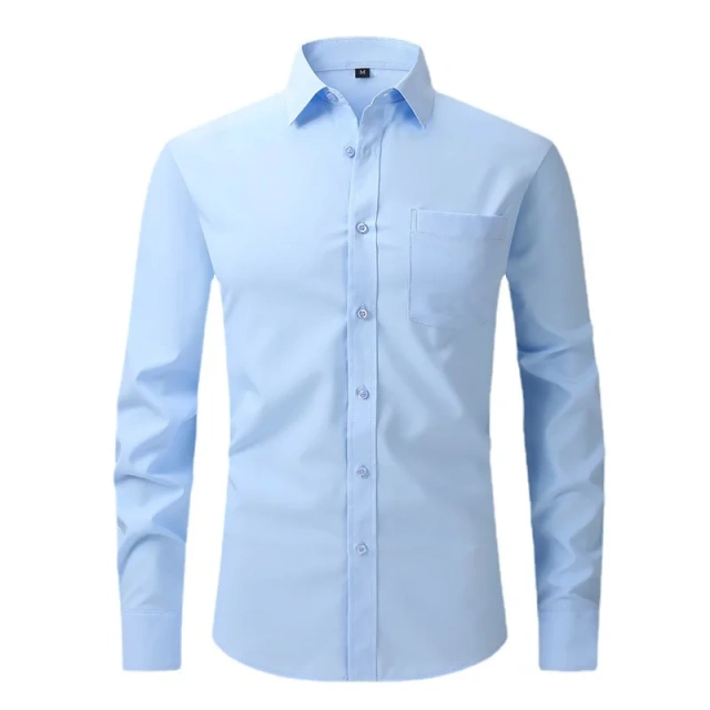 Solid Color Men's Long-sleeved Shirt, Single-breasted Square Collar Small Elastic Shirts, Suitable for Wedding/Business/Office