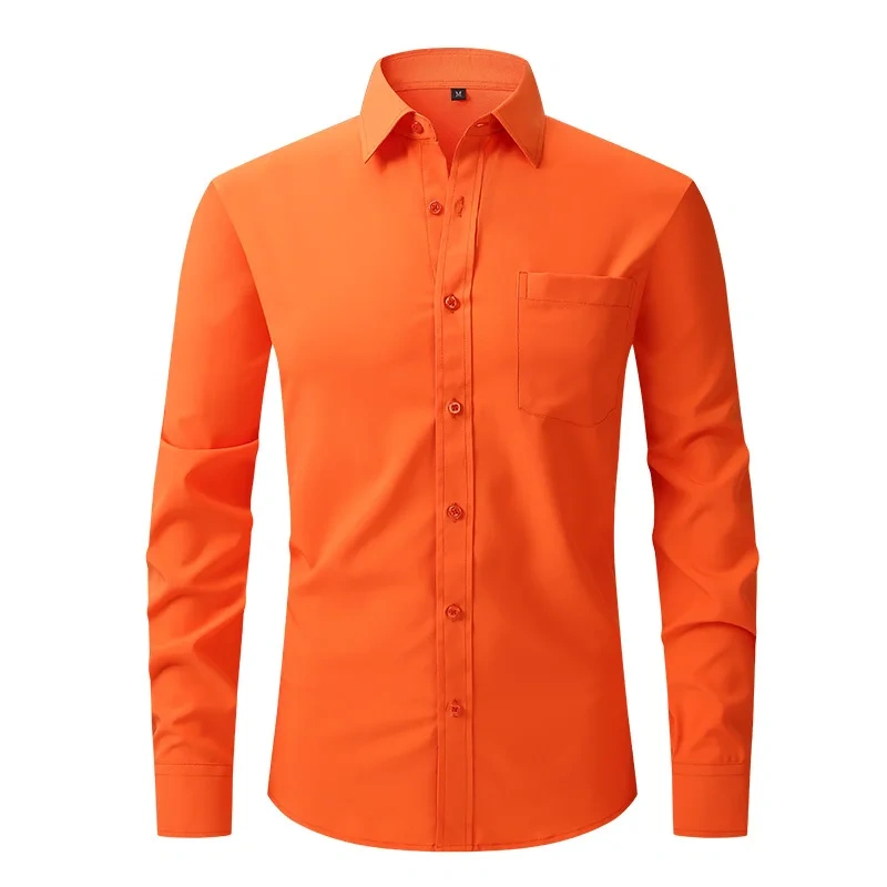 Solid Color Men's Long-sleeved Shirt, Single-breasted Square Collar Small Elastic Shirts, Suitable for Wedding/Business/Office