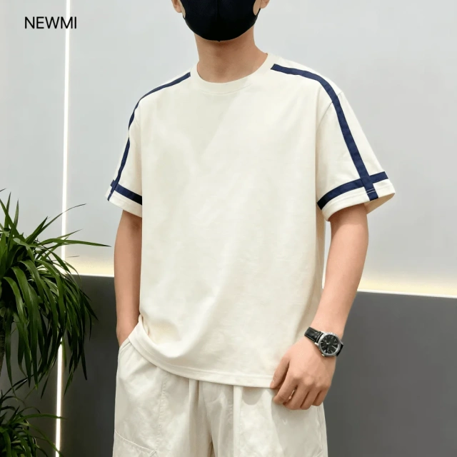 NEWMI Men's Contrast Stripe Ringer T-Shirt | Retro Varsity Crew Neck Tee | Loose Casual Short Sleeve Top | Summer Streetwear (Mu
