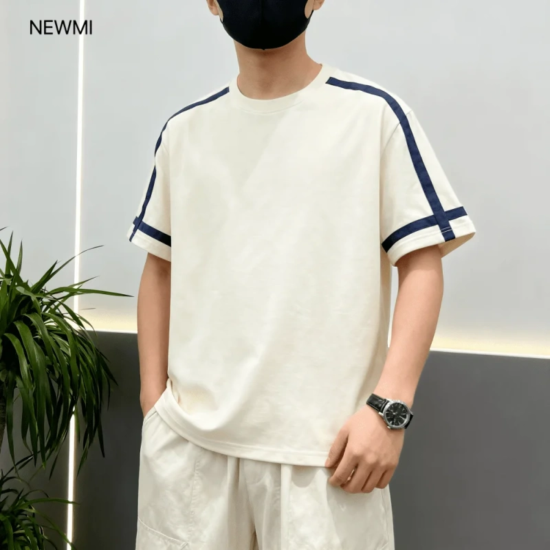 NEWMI Men's Contrast Stripe Ringer T-Shirt | Retro Varsity Crew Neck Tee | Loose Casual Short Sleeve Top | Summer Streetwear (Mu