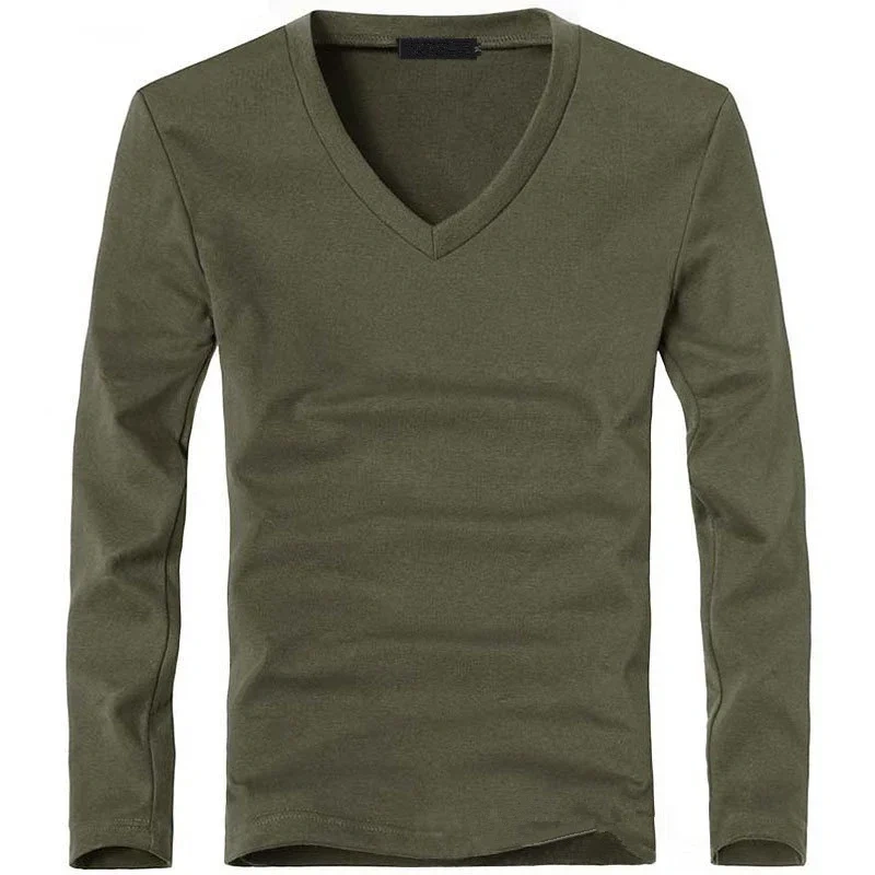 2026 Elastic Mens T-Shirt V-Neck Long Sleeve Men T Shirt for Male T-Shirts Man Clothing TShirt Brand Tops Tees