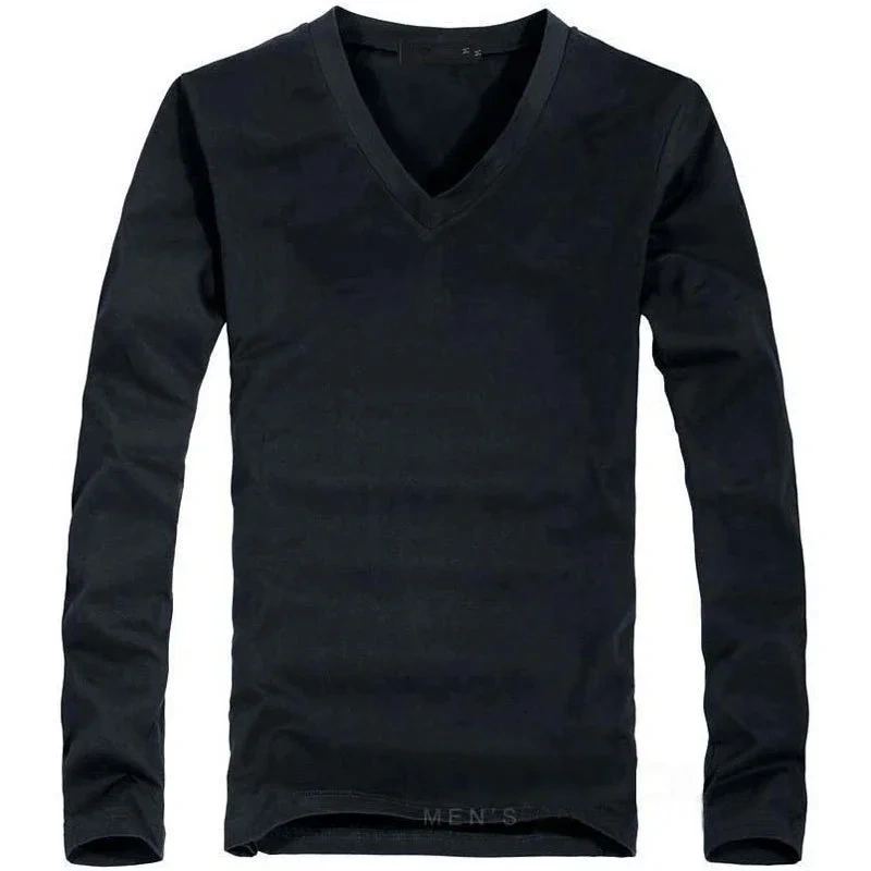 2026 Elastic Mens T-Shirt V-Neck Long Sleeve Men T Shirt for Male T-Shirts Man Clothing TShirt Brand Tops Tees