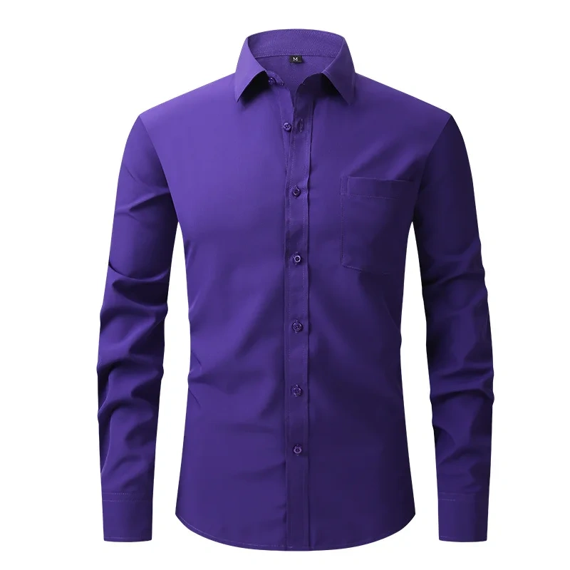Solid Color Men's Long-sleeved Shirt, Single-breasted Square Collar Small Elastic Shirts, Suitable for Wedding/Business/Office