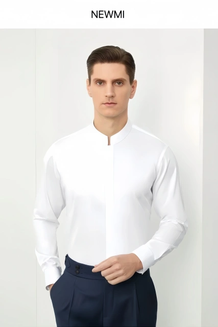 NEWMI Men's Mandarin Collar Dress Shirt 100% Cotton Lutai 100S Two-Ply DP Non-Iron Wrinkle Free Business Casual Formal Long Slee